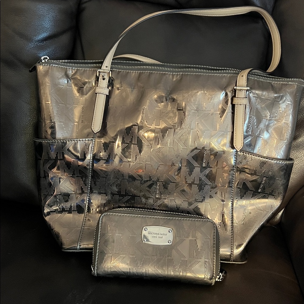 Michael Kors Metallic Silver Tote and Wallet